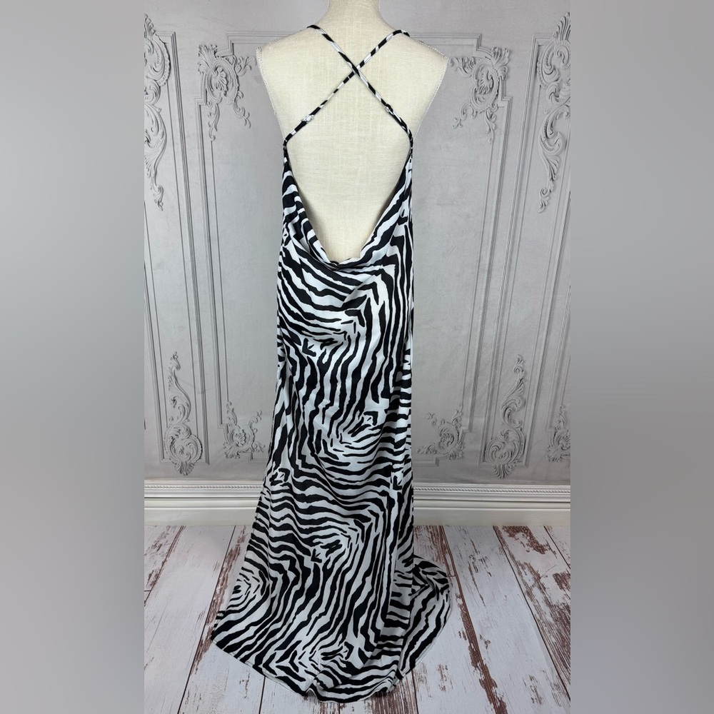Zebra Print Spaghetti Strap Side Split Plunging Open Back Loose Fit Maxi Dress - Picture 8 of 14